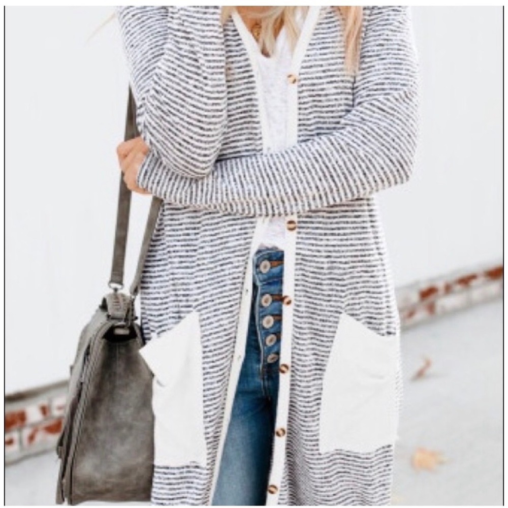 By Together Cardigan Women S Cream Striped Longline Boho Pockets RJ950 Button Up
